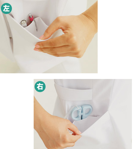 左右二重構造ポケットで小物をすっきり収納。右に3つ、左に2つの内ポケット仕切りがあります。