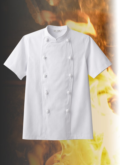 カツラギ素材だから熱に強く、厨房ワークに最適。丈夫なので繰り返しの洗濯にも耐えられる!