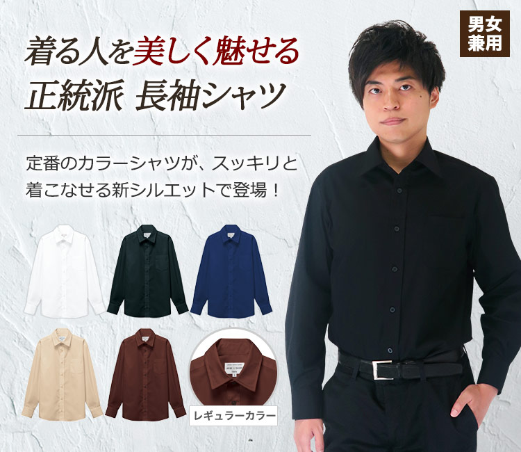 定番のカラーシャツが、スッキリときれいに着こなせる新しいシルエットで登場!正統派長袖レギュラーカラーシャツ。