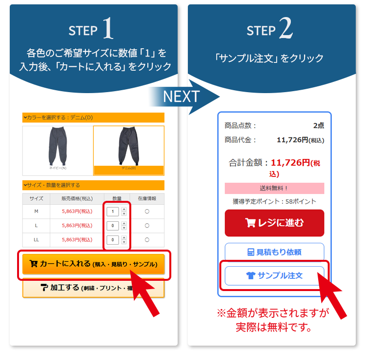 デニム白衣長袖パンツサンプル貸し出し方法