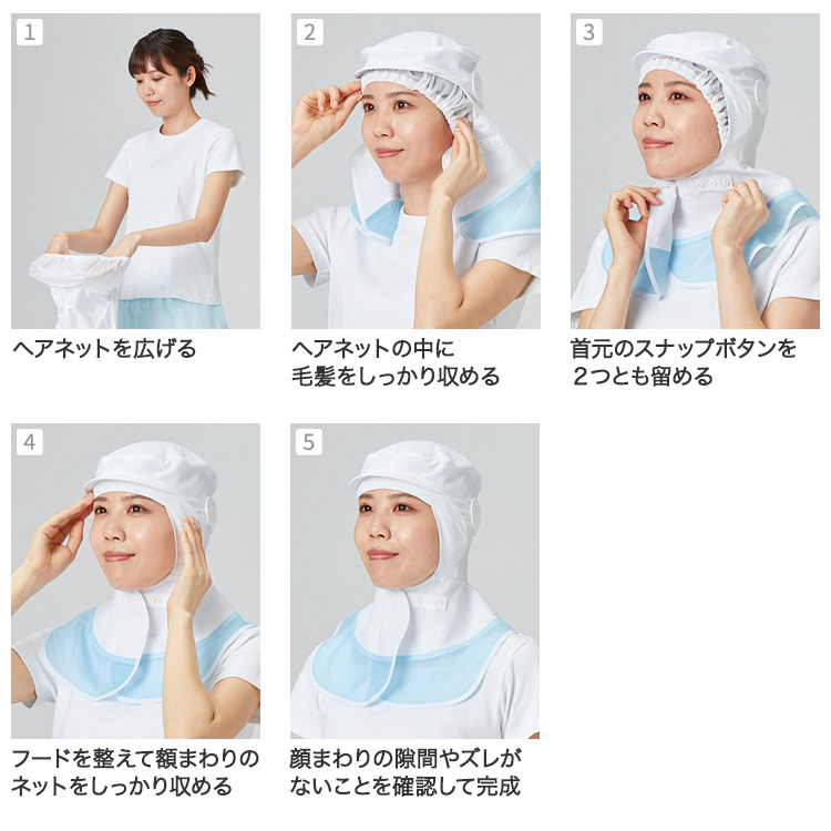 ヘアネット一体型ロングフード(33-SZ521)の着用方法