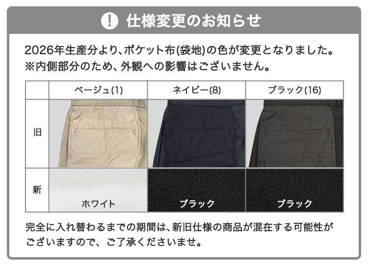 仕様変更、ポケット布の色変更