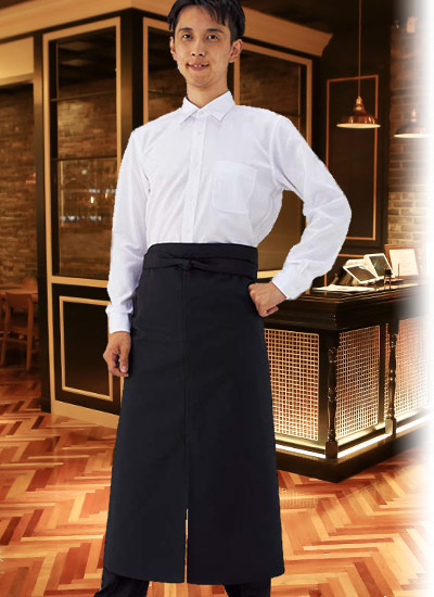 ロングスリット入りで動きやすい。国内縫製で高品質のソムリエエプロン。