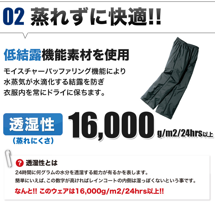 透湿性16000g/m2/24hrs以上
