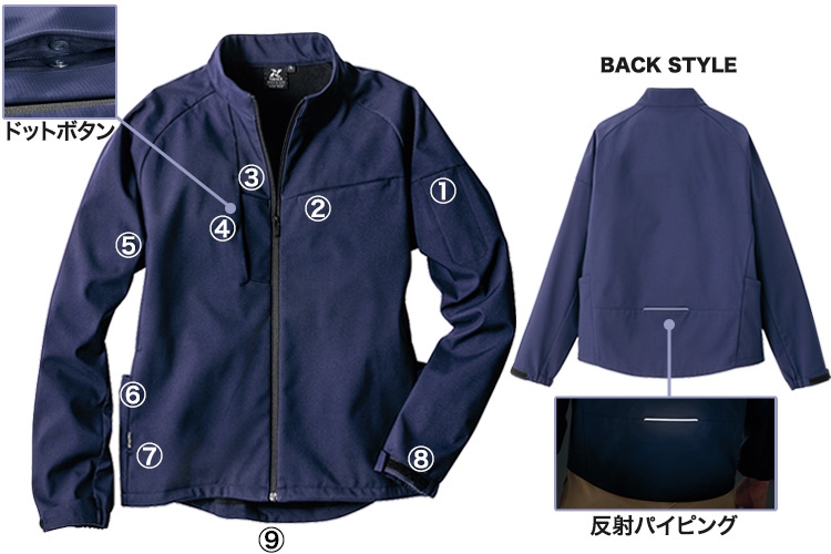 アイトス 防風裏フリースジャケット 10319 商品詳細（各部機能）