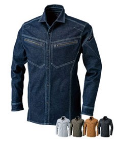 [通年]綿100%ソフトチノクロス&ストレッチデニム長袖シャツ[男女兼用](08-5115)