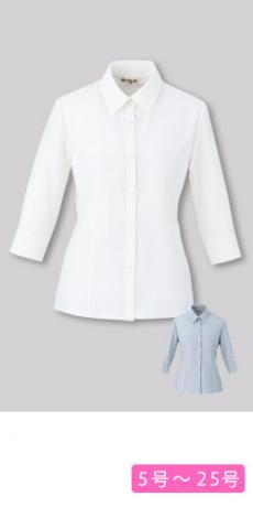 [通年]ハイカラーが首周りをスッキリシャープに見せる七分袖ブラウス(21-01095)