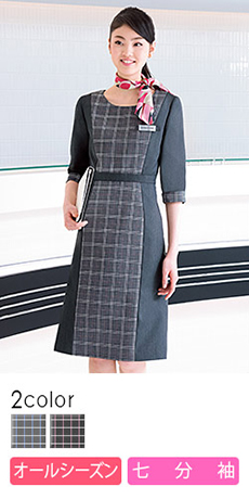 [通年]計算された切替えでスタイルアップ!好印象チェック使いワンピース(23-7722)